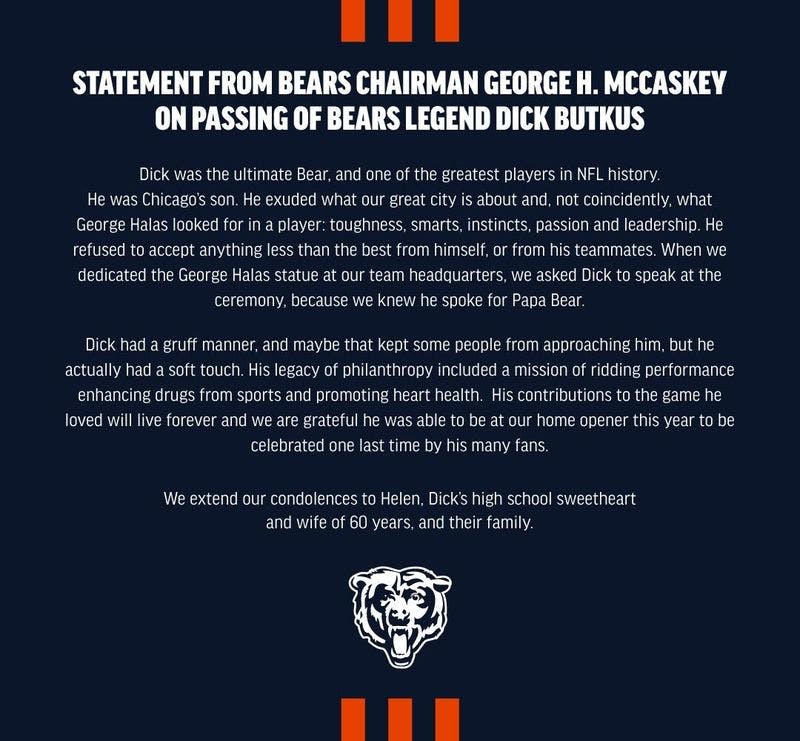Message on the passing of Dick Butkus