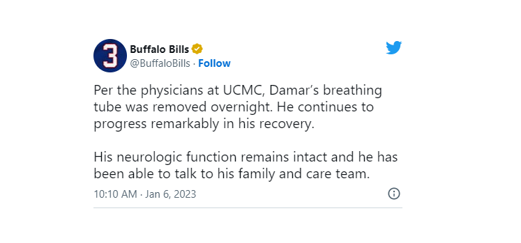 Bills tweeted that Hamlin had his breathing tube removed overnight and he "continues to progress remarkably in his recovery," 