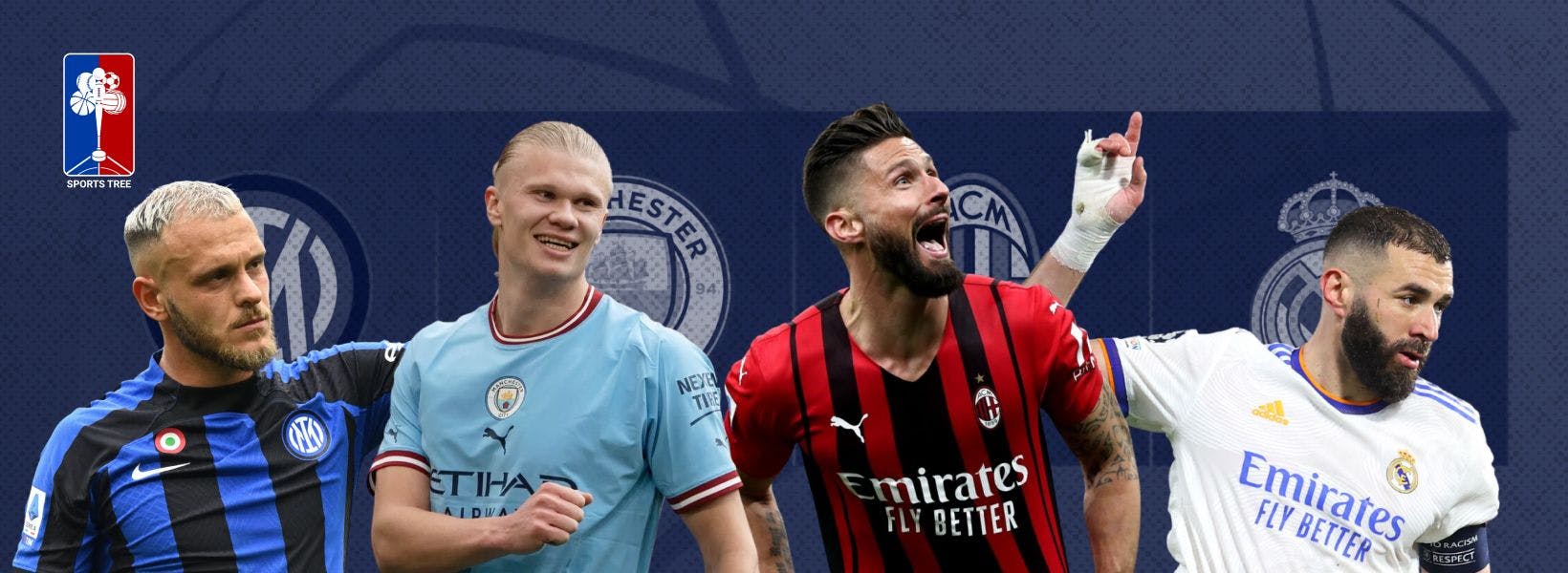Erling Haaland of Manchester City, Karim Benzema of Real Madrid, Federico Dimarco of Inter Milan, and Olivier Giroud of AC Milan